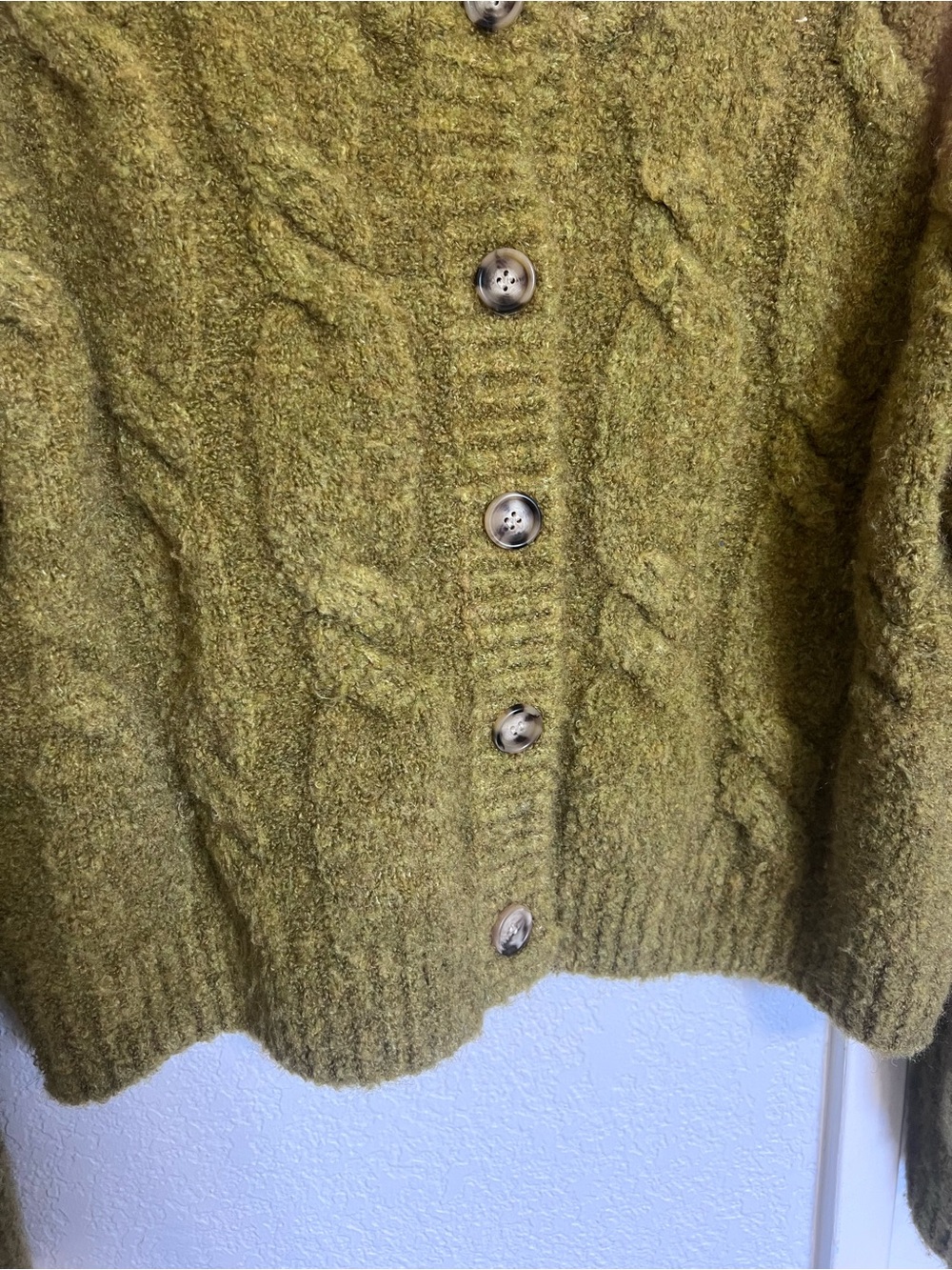 Line & Dot Clover Sweater Olive Green Cable Knit Cropped Cardigan Cozy Size L - Picture 6 of 8